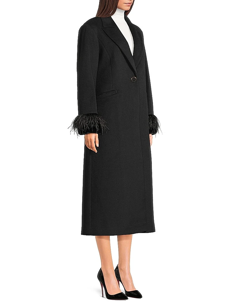 Wool-Blend Faux-Feather-Trim Coat