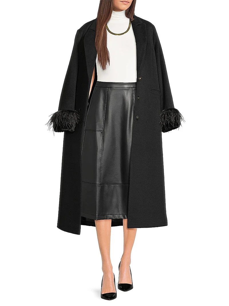 Wool-Blend Faux-Feather-Trim Coat