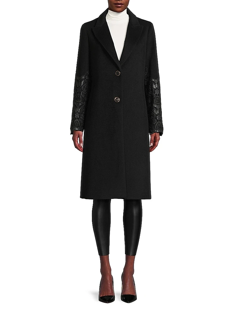 Wool-Blend Faux-Leather Sleeve Coat
