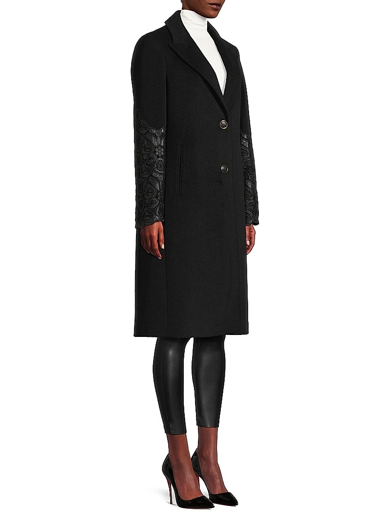 Wool-Blend Faux-Leather Sleeve Coat