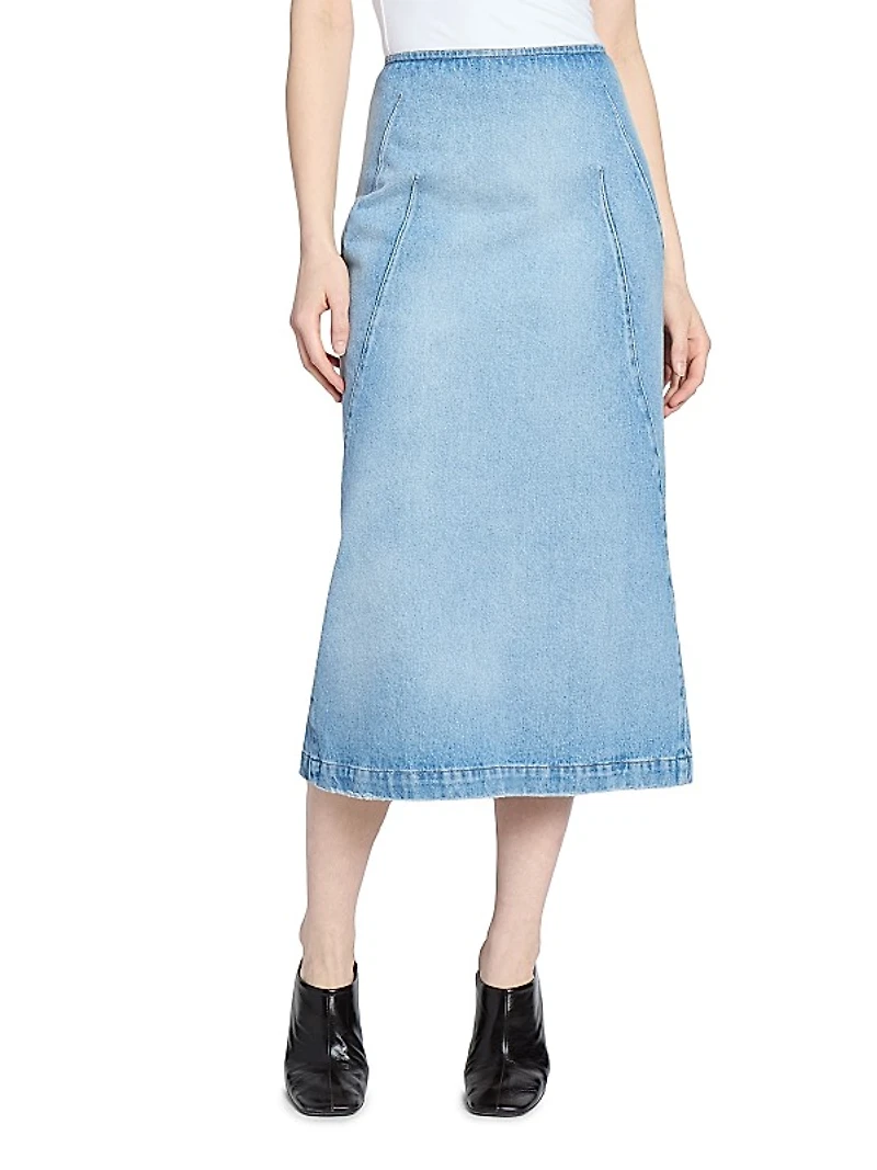 Sibyl Seamed Cotton Denim Midi-Skirt