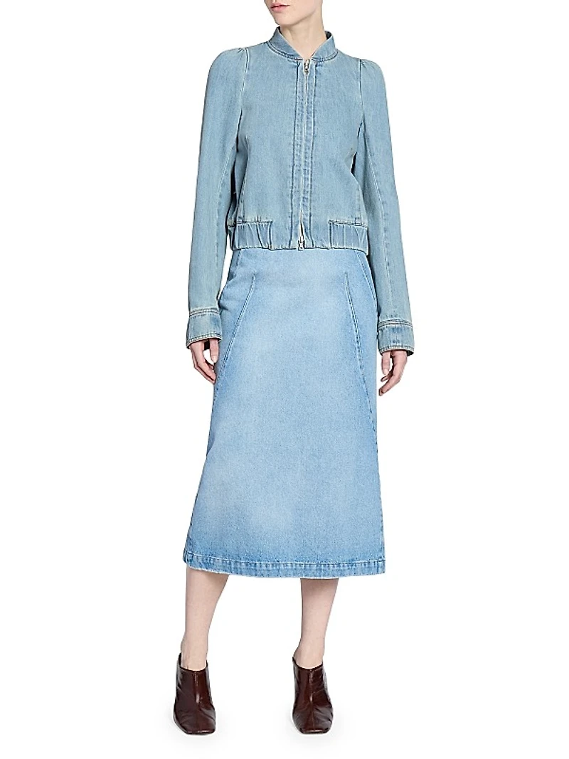 Sibyl Seamed Cotton Denim Midi-Skirt