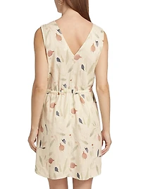 Botanical Linen-Blend Drawstring Minidress