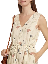 Botanical Linen-Blend Drawstring Minidress
