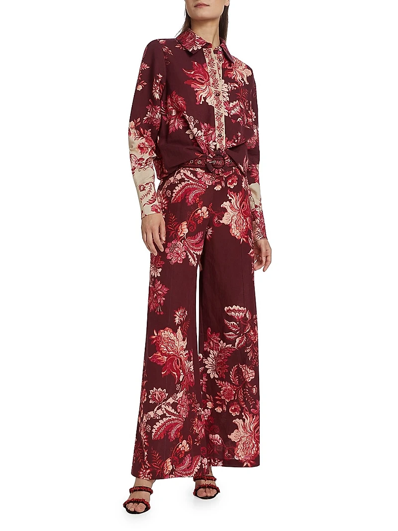 Paisley Linen-Blend Flared Pants