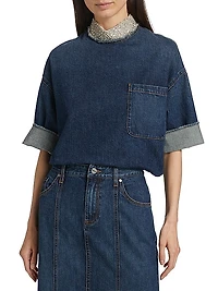 Ex T Crystal Collar Denim Top