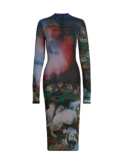 Printed Mesh Midi-Dress