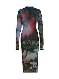 Printed Mesh Midi-Dress