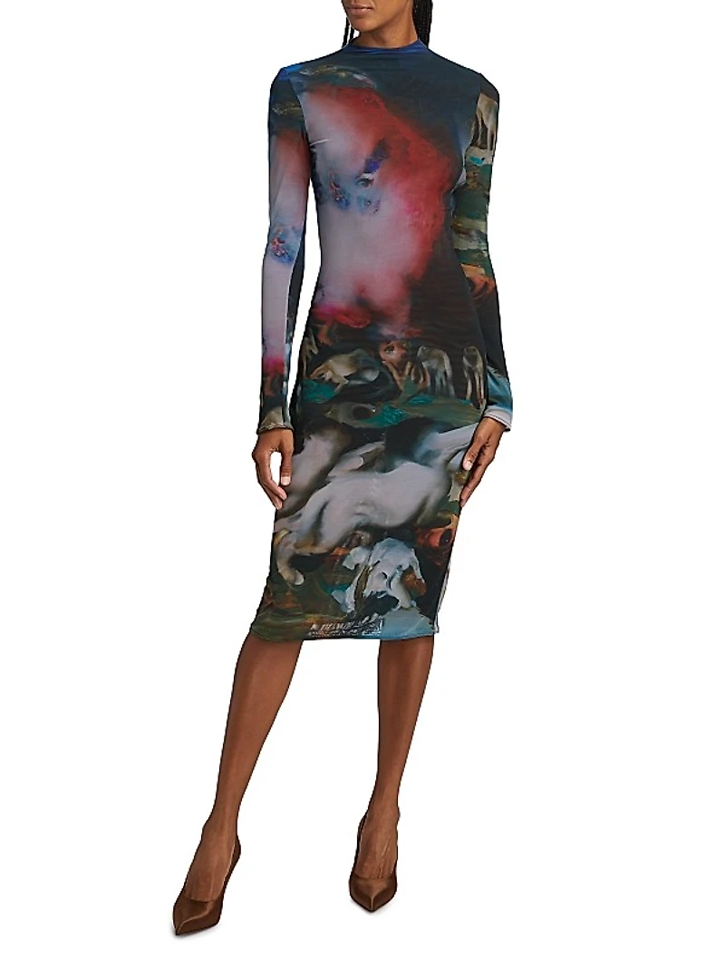 Printed Mesh Midi-Dress