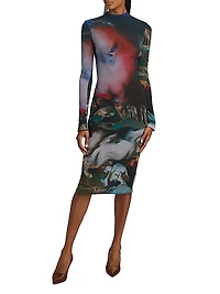 Printed Mesh Midi-Dress
