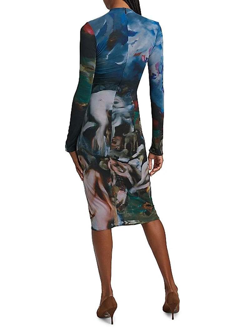 Printed Mesh Midi-Dress