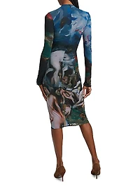 Printed Mesh Midi-Dress