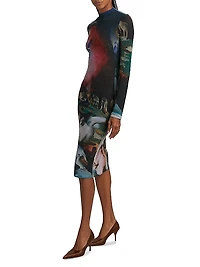 Printed Mesh Midi-Dress