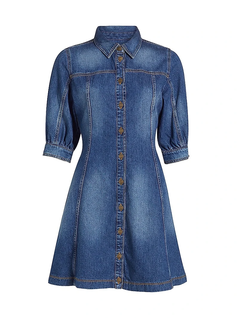Barb Cotton Denim Puff-Sleeve Minidress