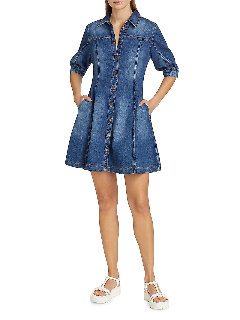 Barb Cotton Denim Puff-Sleeve Minidress
