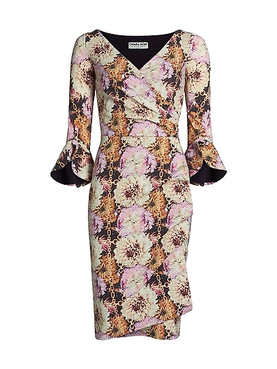 Triana Chainlink Floral Surplice Midi-Dress