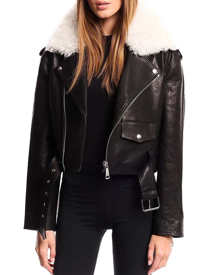 Lainey Leather-Shearling Belted Biker Jacket
