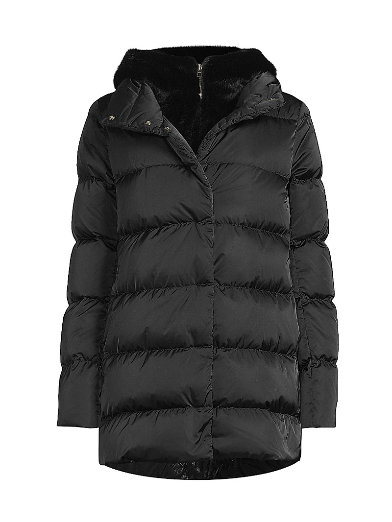 Sateen Faux-Fur Down Puffer Coat