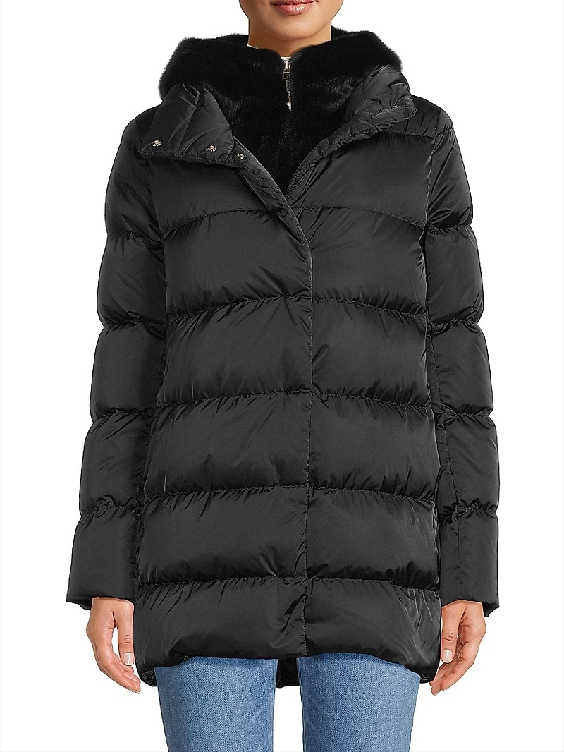 Sateen Faux-Fur Down Puffer Coat