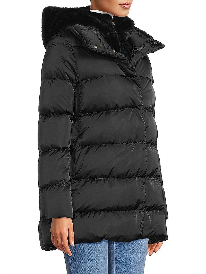 Sateen Faux-Fur Down Puffer Coat