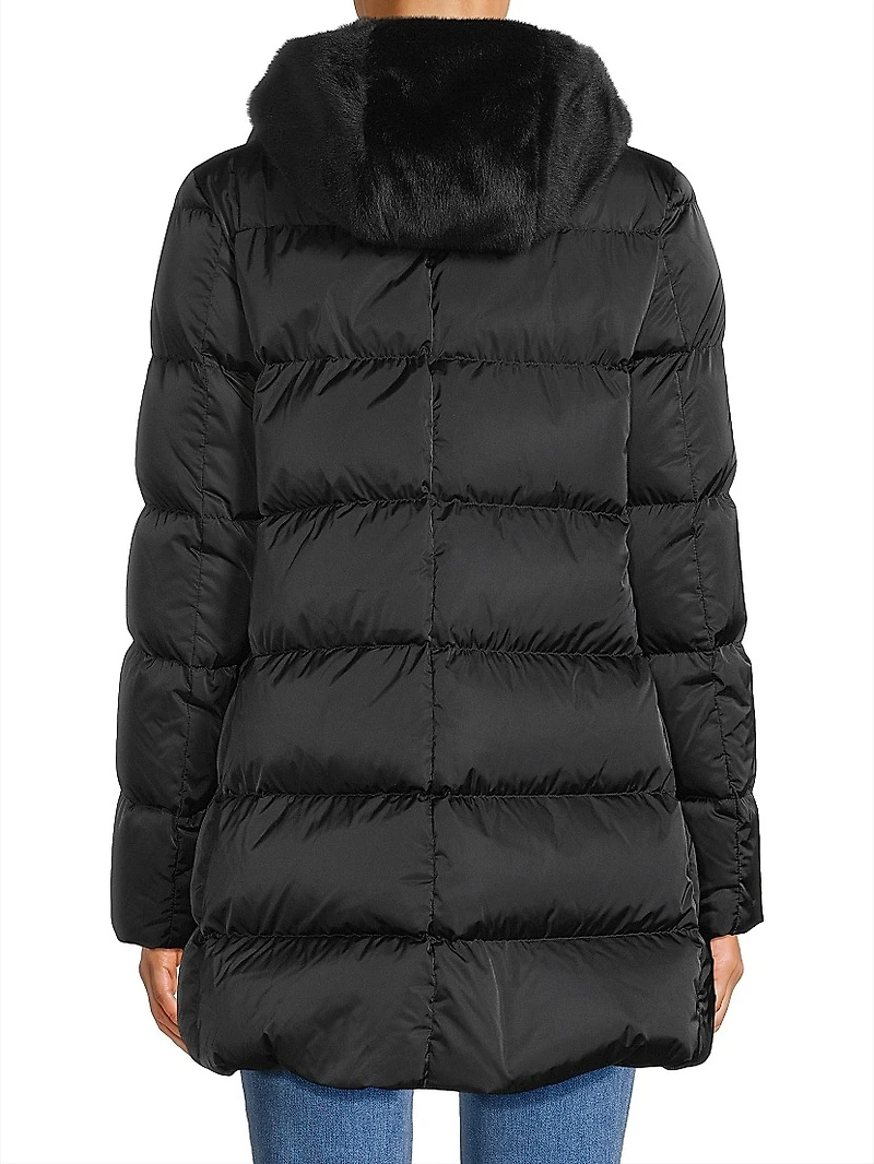 Sateen Faux-Fur Down Puffer Coat