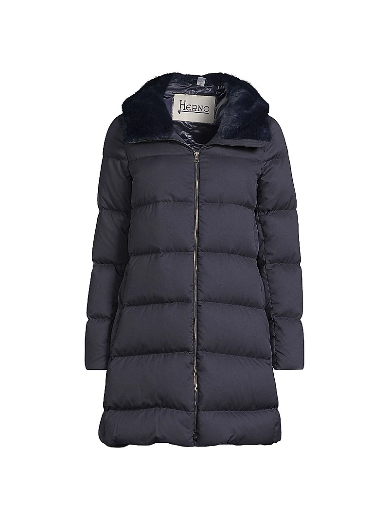 Quilted Faux Fur-Trim A-Line Coat