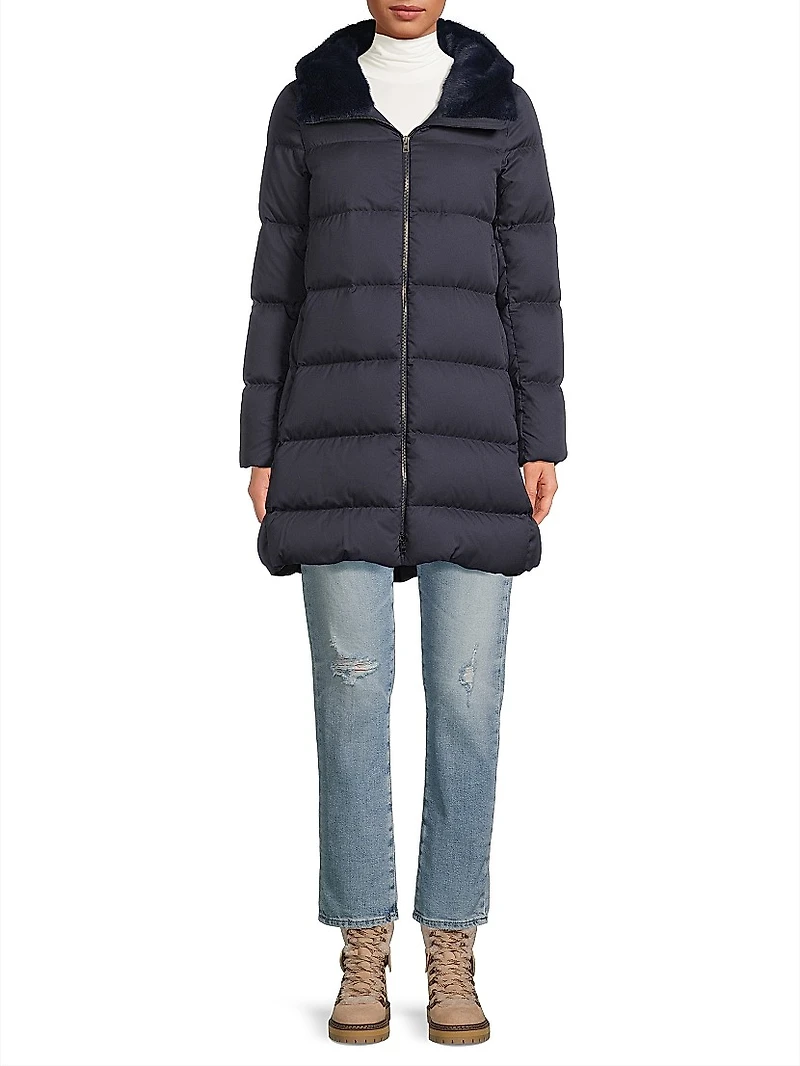 Quilted Faux Fur-Trim A-Line Coat