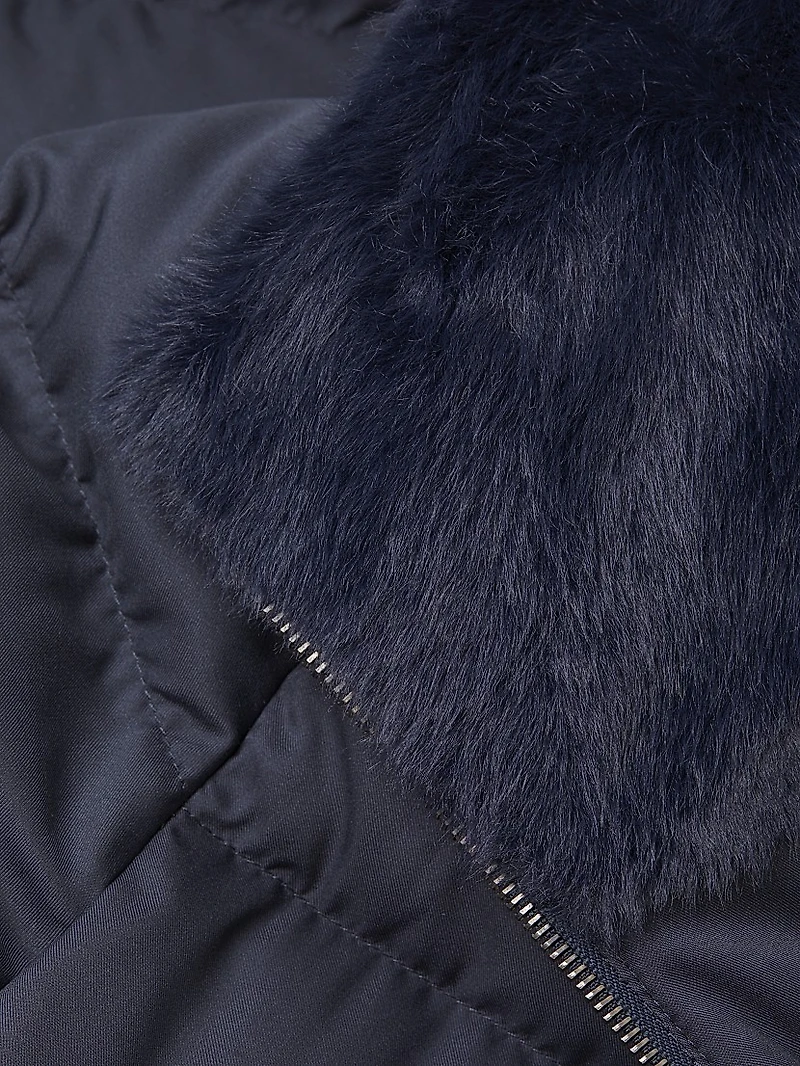 Quilted Faux Fur-Trim A-Line Coat