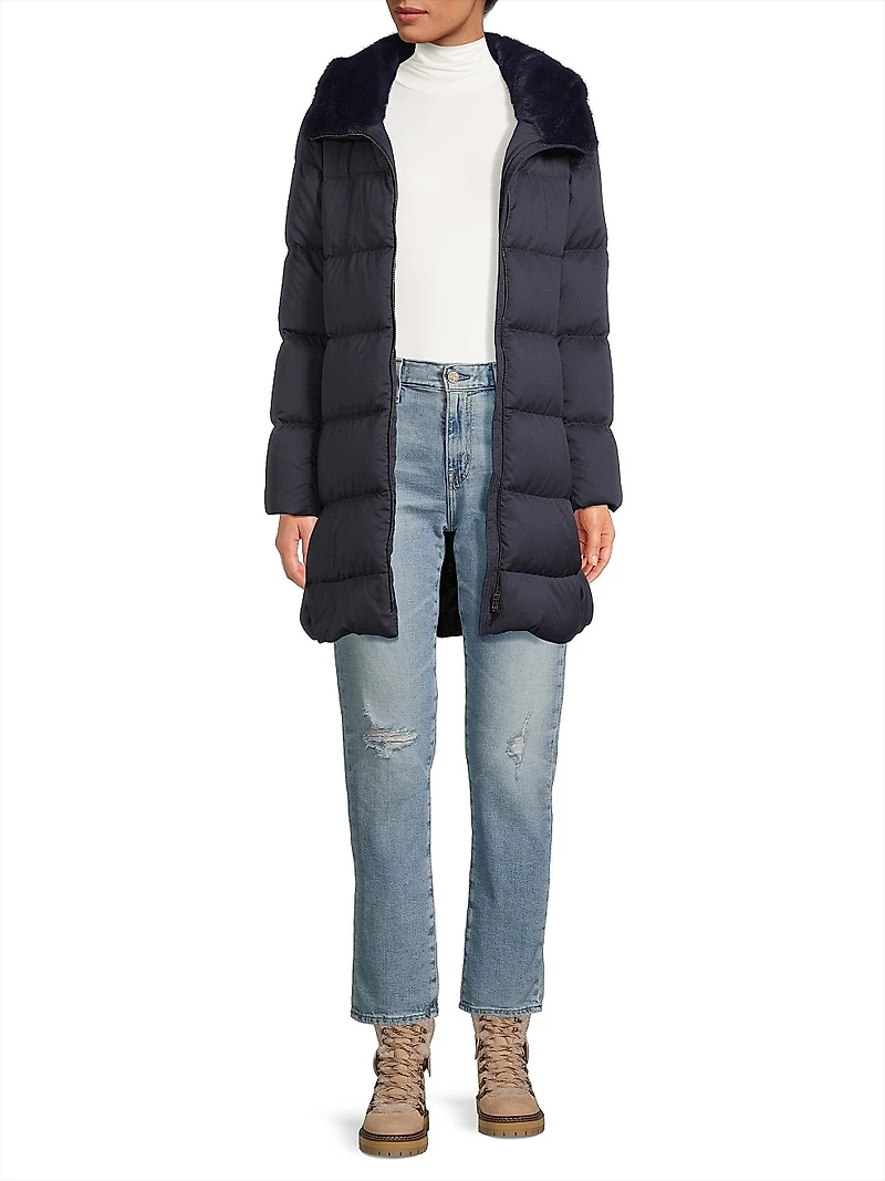 Quilted Faux Fur-Trim A-Line Coat