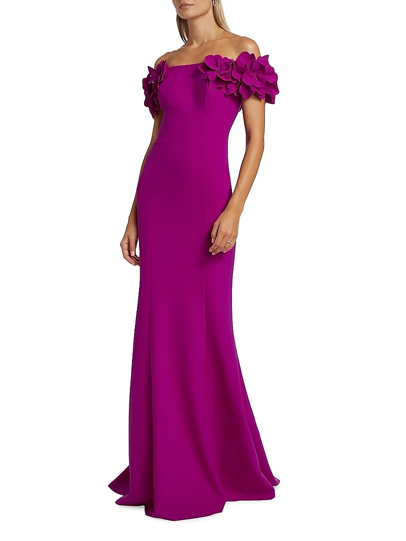 Crepe Petal Off-The-Shoulder Gown