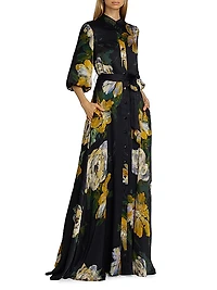 Floral Chiffon Balloon-Sleeve Shirt Gown