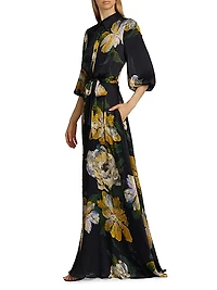 Floral Chiffon Balloon-Sleeve Shirt Gown