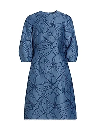 Jacquard Balloon-Sleeve Cocktail Dress