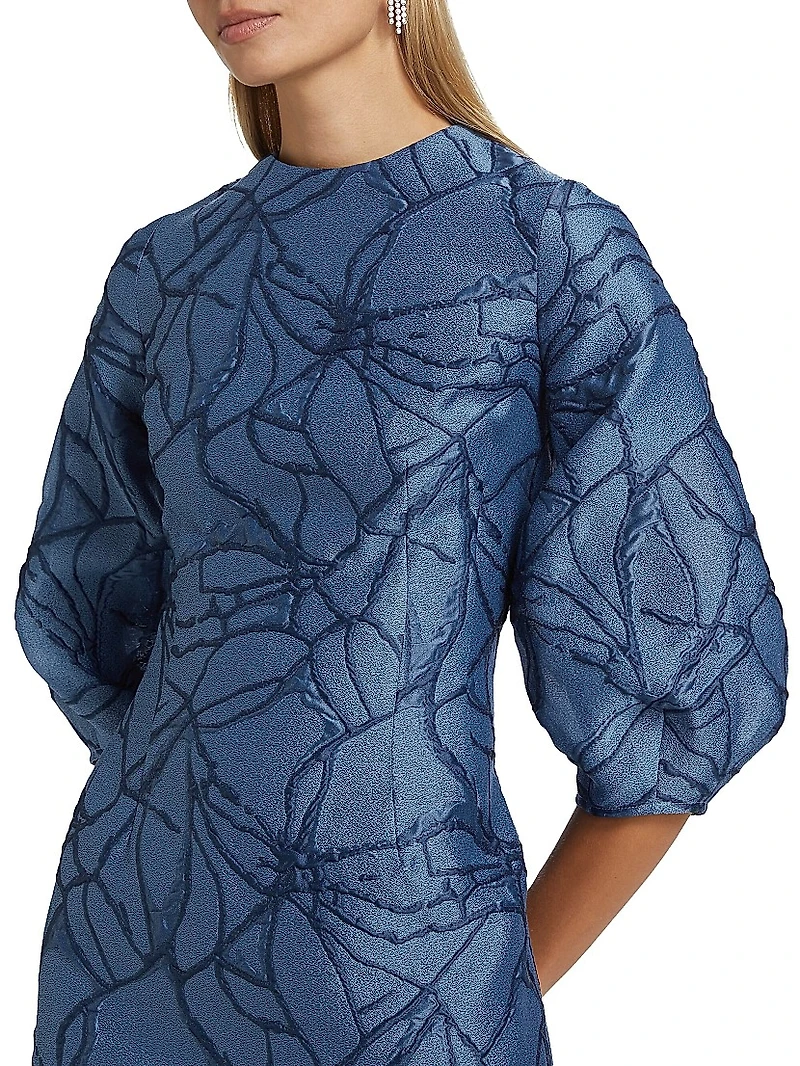 Jacquard Balloon-Sleeve Cocktail Dress