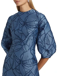 Jacquard Balloon-Sleeve Cocktail Dress