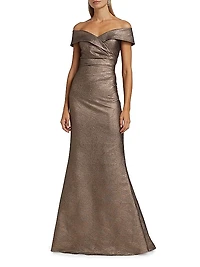 Metallic Jacquard Off-The-Shoulder Gown