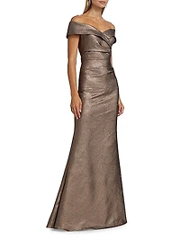 Metallic Jacquard Off-The-Shoulder Gown
