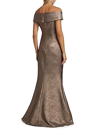 Metallic Jacquard Off-The-Shoulder Gown
