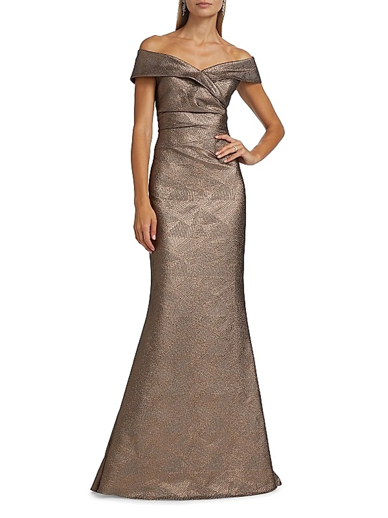 Metallic Jacquard Off-The-Shoulder Gown