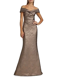 Metallic Jacquard Off-The-Shoulder Gown
