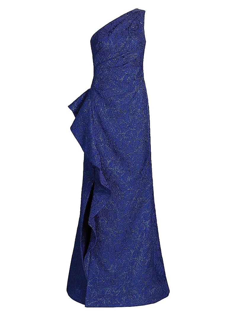 Metallic Jacquard One-Shoulder Gown