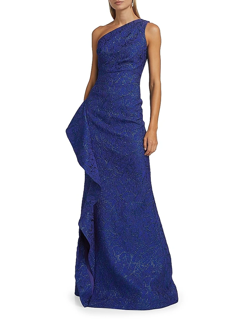 Metallic Jacquard One-Shoulder Gown