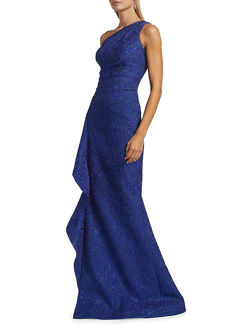 Metallic Jacquard One-Shoulder Gown