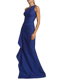 Metallic Jacquard One-Shoulder Gown