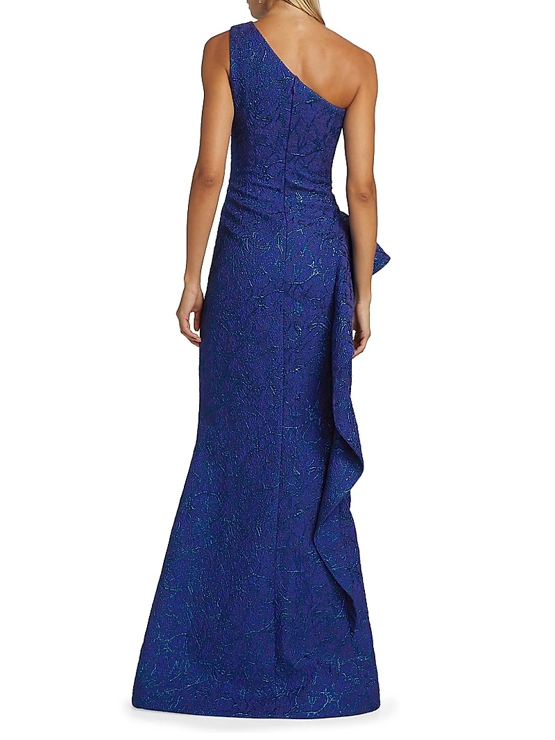 Metallic Jacquard One-Shoulder Gown