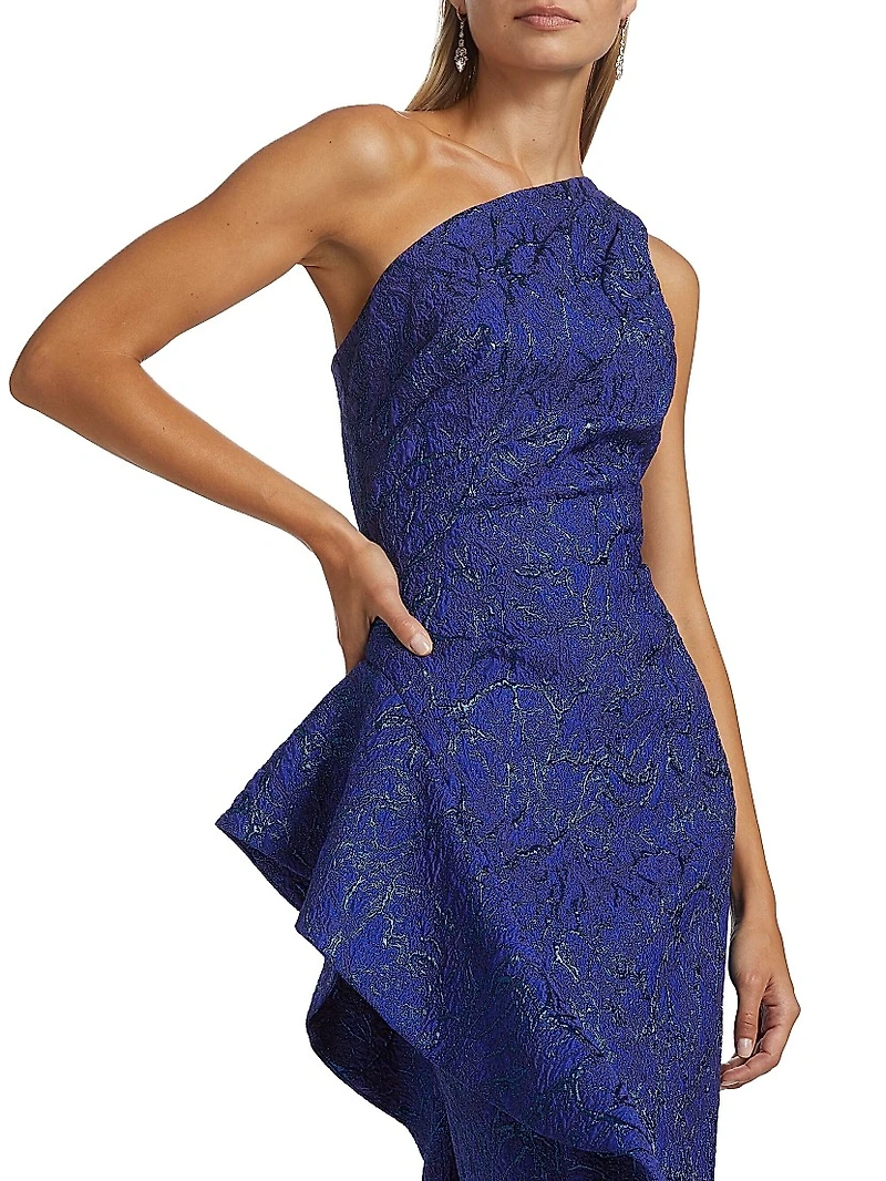 Metallic Jacquard One-Shoulder Gown