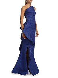 Metallic Jacquard One-Shoulder Gown