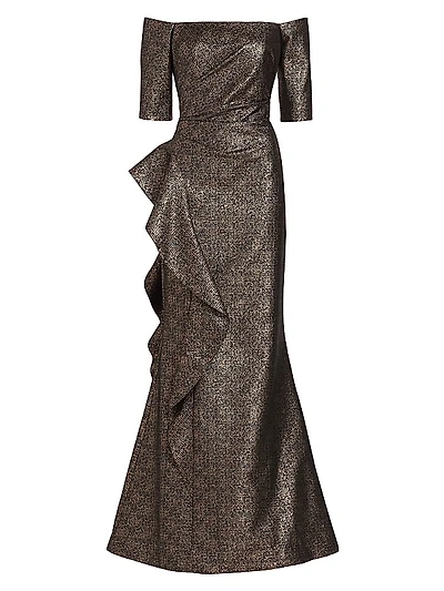 Metallic Jacquard Off-The-Shoulder Gown