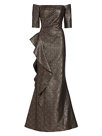 Metallic Jacquard Off-The-Shoulder Gown