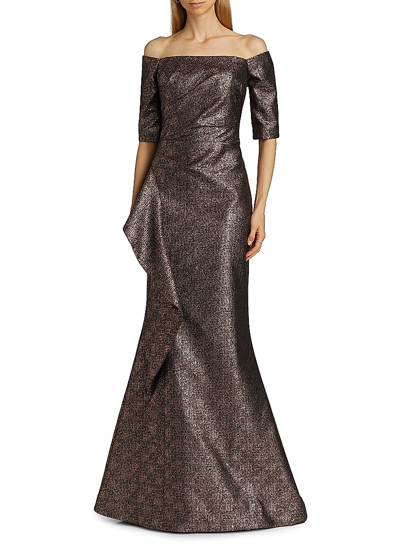 Metallic Jacquard Off-The-Shoulder Gown